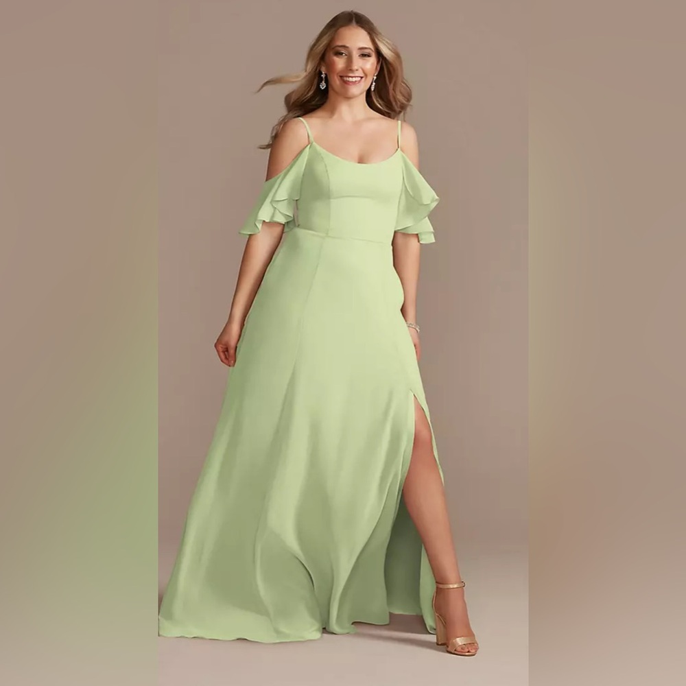 David’s Bridal Pistachio Tall Cold-Shoulder Chiffon Bridesmaid’s Dress Size 14